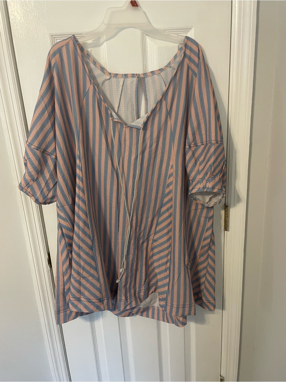 Soft Stripe V-Neck Romper in Blush Pink and Dusty Blue Cord Ties Sz XXL